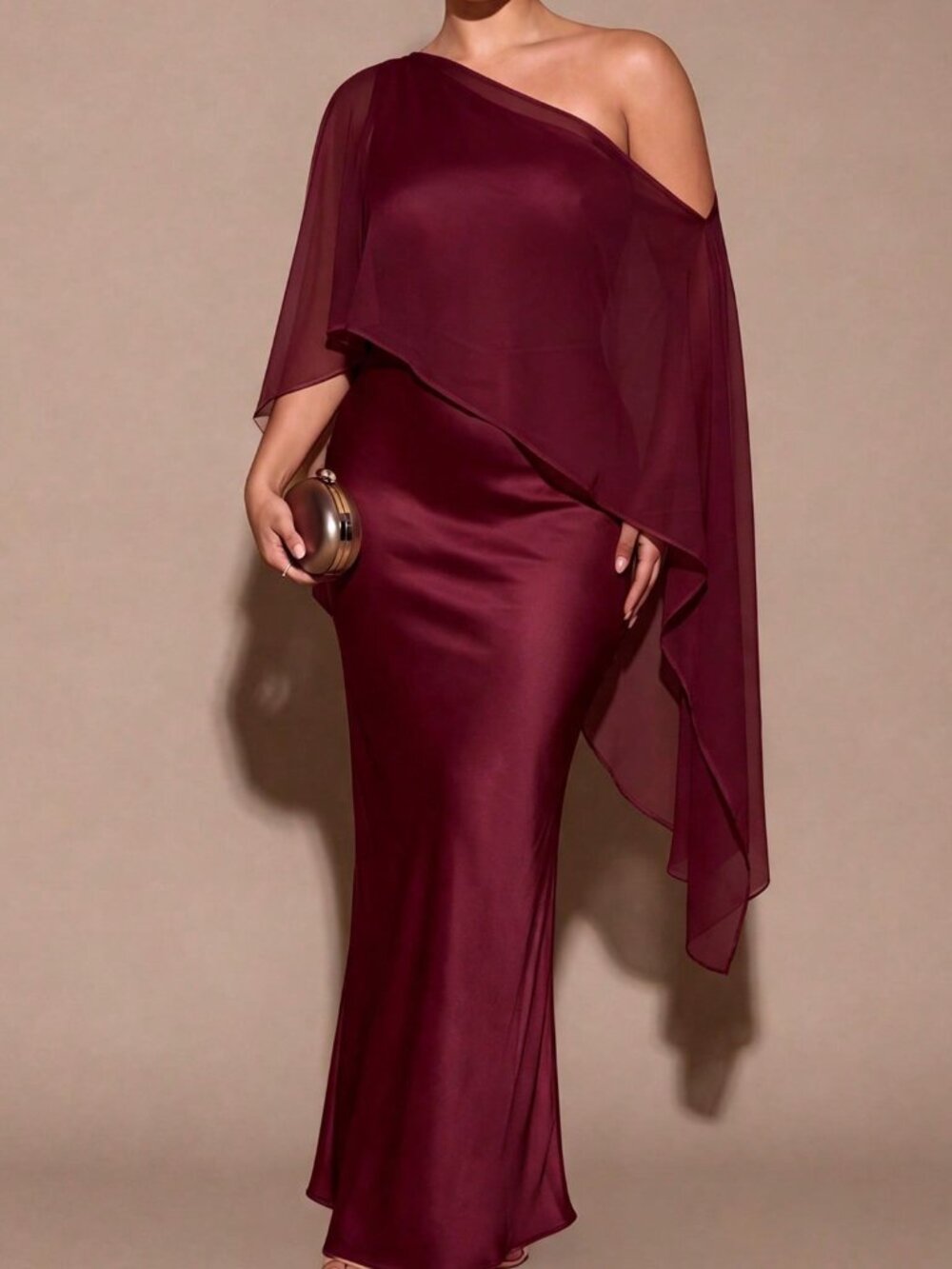 Burgundy Party Women's Plus Size Long Asymmetrical Shoulder Dress - Picture 5 of 7